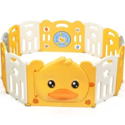 12 Paneele Laufgitter Baby Laufstall faltbar Absperrgitter mit Tür und Spielzeugboard Krabbelgitter Gelb