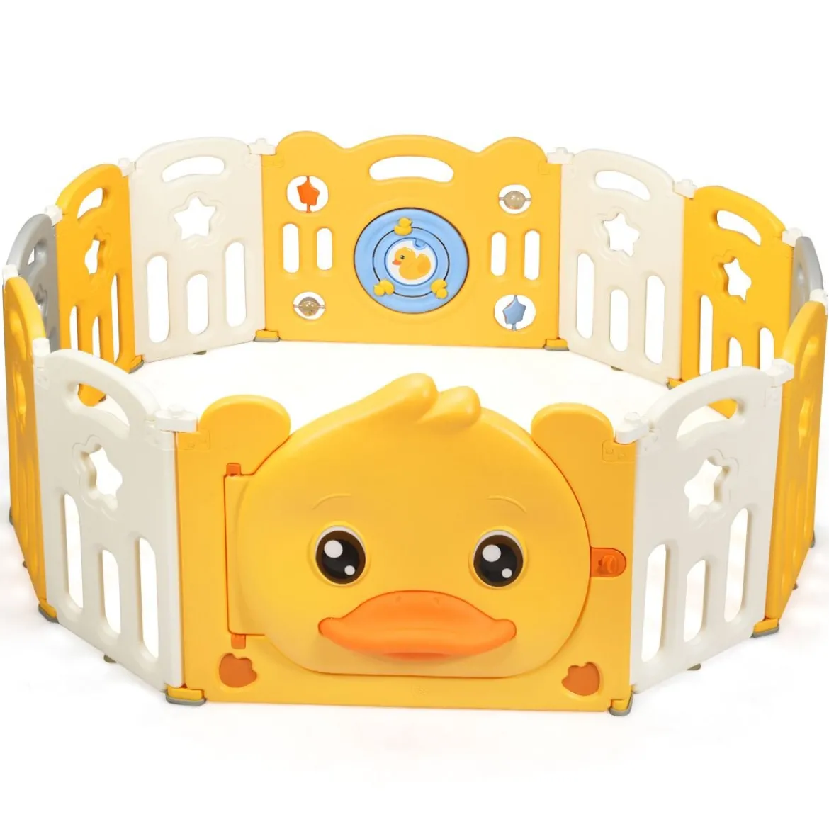12 Paneele Laufgitter Baby Laufstall faltbar Absperrgitter mit Tür und Spielzeugboard Krabbelgitter Gelb