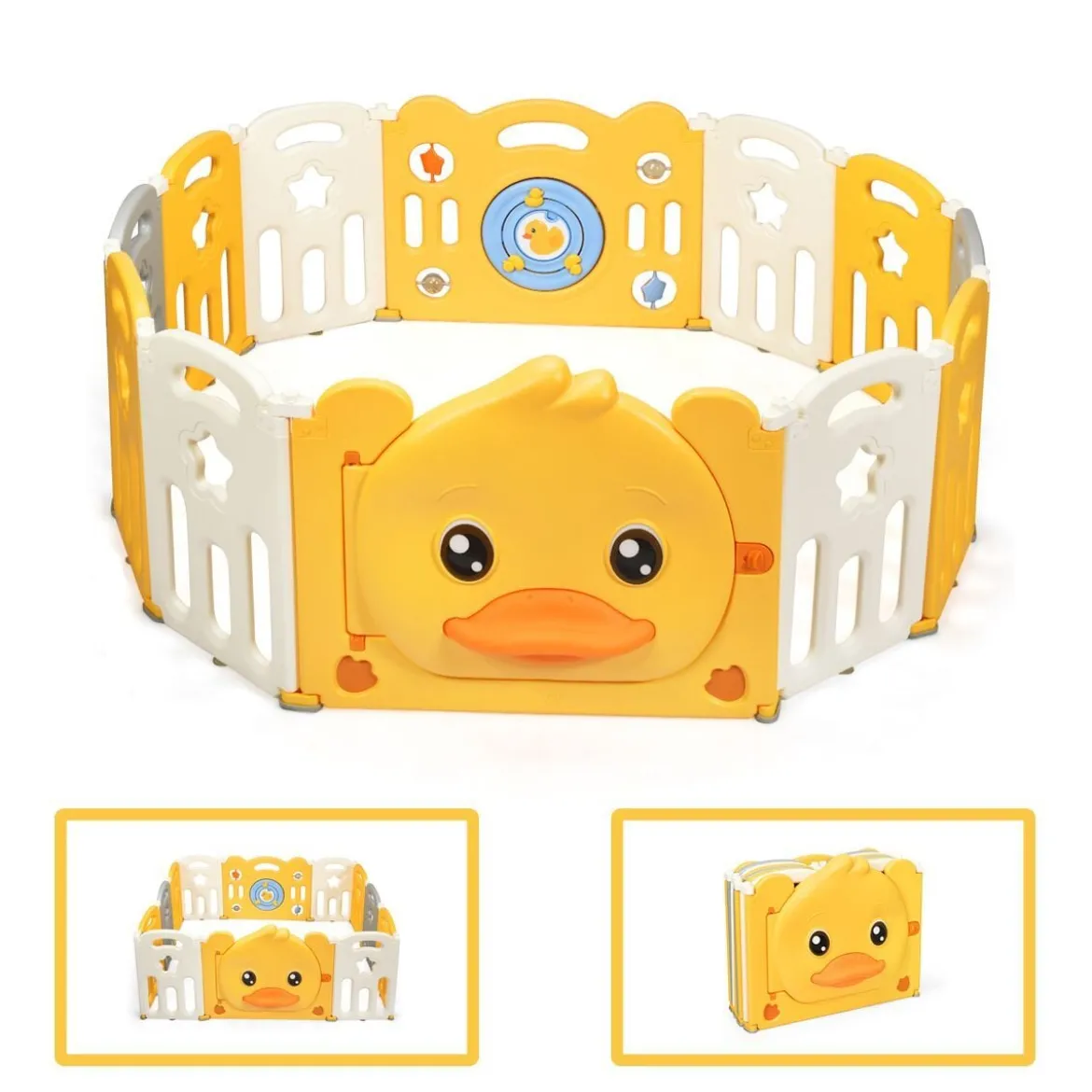 12 Paneele Laufgitter Baby Laufstall faltbar Absperrgitter mit Tür und Spielzeugboard Krabbelgitter Gelb