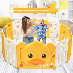 12 Paneele Laufgitter Baby Laufstall faltbar Absperrgitter mit Tür und Spielzeugboard Krabbelgitter Gelb