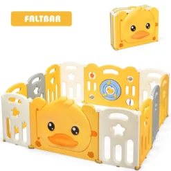 12 Paneele Laufgitter Baby Laufstall faltbar Absperrgitter mit Tür und Spielzeugboard Krabbelgitter Gelb
