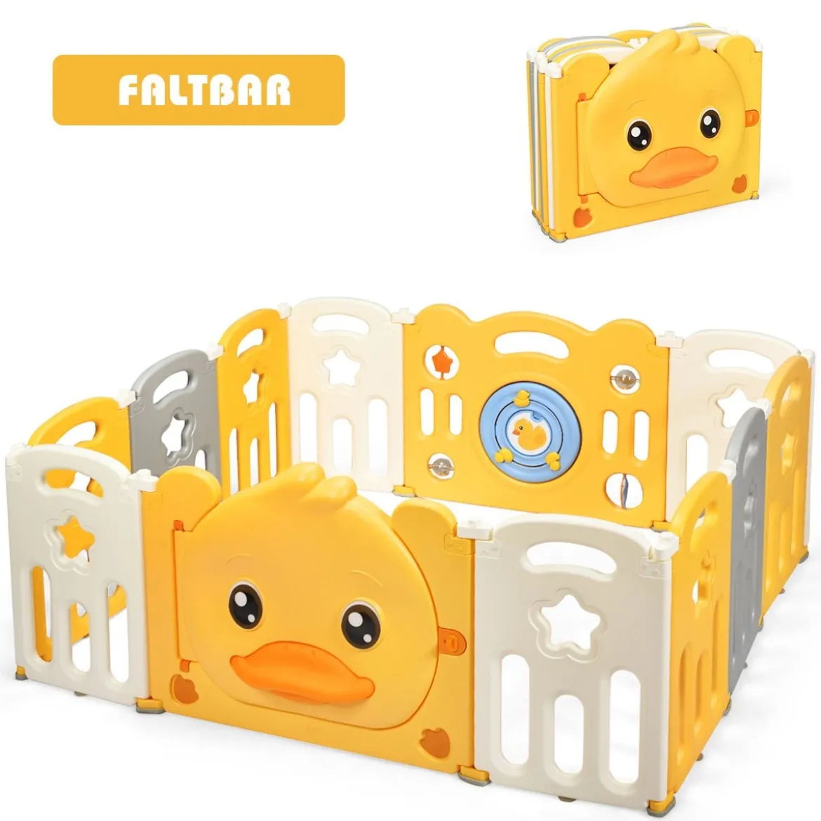 12 Paneele Laufgitter Baby Laufstall faltbar Absperrgitter mit Tür und Spielzeugboard Krabbelgitter Gelb