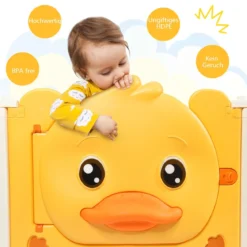 12 Paneele Laufgitter Baby Laufstall faltbar Absperrgitter mit Tür und Spielzeugboard Krabbelgitter Gelb