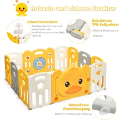 12 Paneele Laufgitter Baby Laufstall faltbar Absperrgitter mit Tür und Spielzeugboard Krabbelgitter Gelb