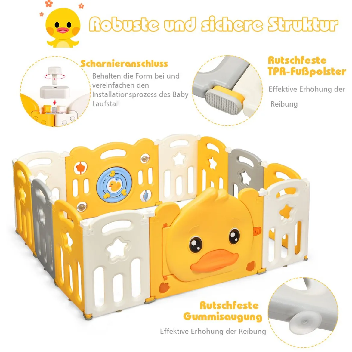 12 Paneele Laufgitter Baby Laufstall faltbar Absperrgitter mit Tür und Spielzeugboard Krabbelgitter Gelb