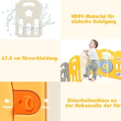 12 Paneele Laufgitter Baby Laufstall faltbar Absperrgitter mit Tür und Spielzeugboard Krabbelgitter Gelb