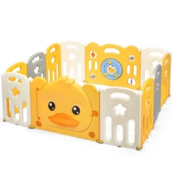 12 Paneele Laufgitter Baby Laufstall faltbar Absperrgitter mit Tür und Spielzeugboard Krabbelgitter Gelb