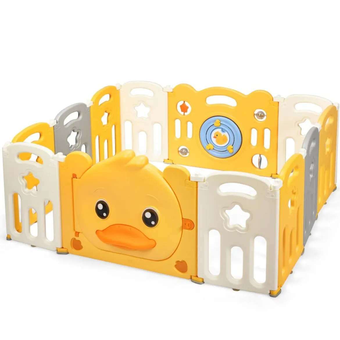 12 Paneele Laufgitter Baby Laufstall faltbar Absperrgitter mit Tür und Spielzeugboard Krabbelgitter Gelb
