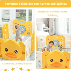 12 Paneele Laufgitter Baby Laufstall faltbar Absperrgitter mit Tür und Spielzeugboard Krabbelgitter Gelb