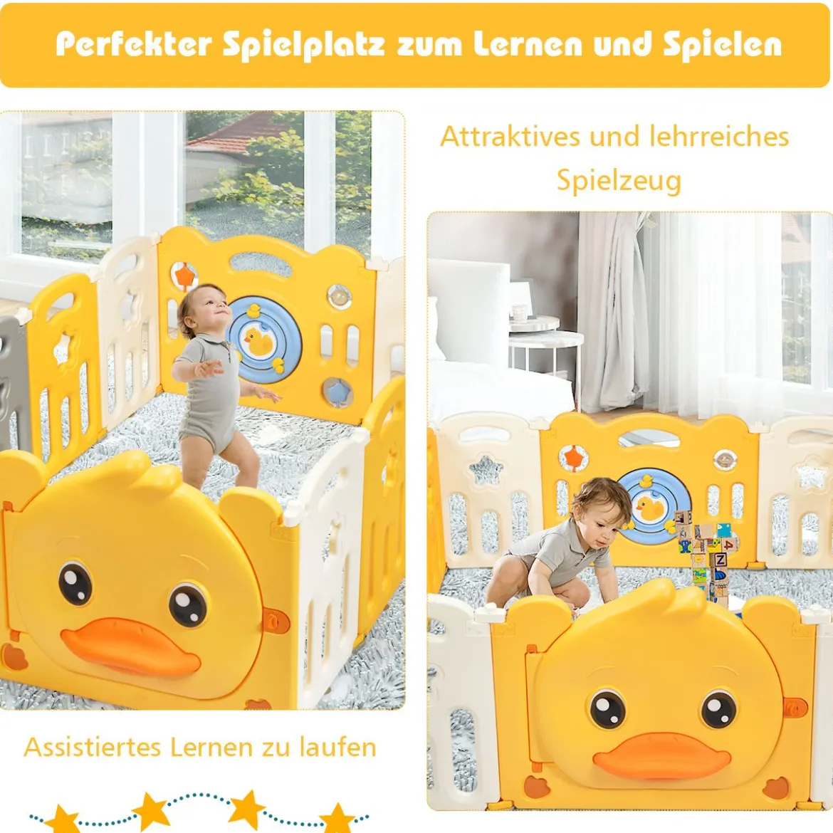 12 Paneele Laufgitter Baby Laufstall faltbar Absperrgitter mit Tür und Spielzeugboard Krabbelgitter Gelb