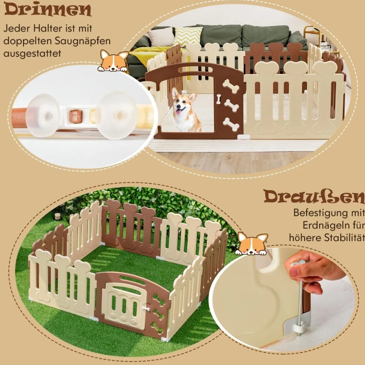 8-Panel Haustierlaufstall Haustier-Übungsstift Haustier-Zaun für Haustiere bis zu 35 cm Höhe Braun