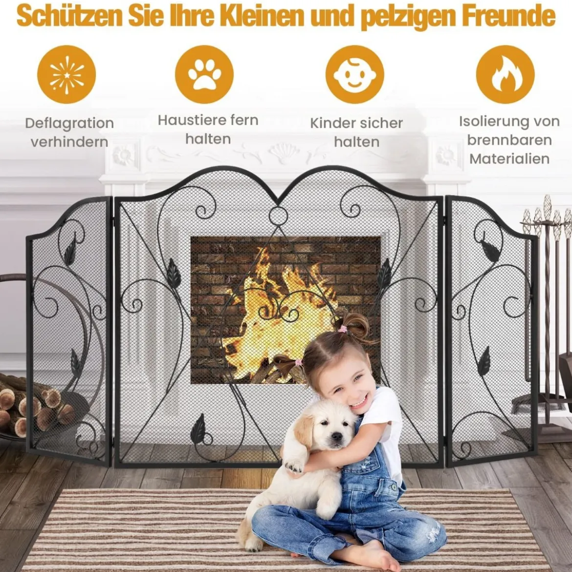 3-Panel-Kaminschirm faltbarer Funkenschutz aus Schmiedeeisengeflecht dekorative Kaminabdeckung Schwarz