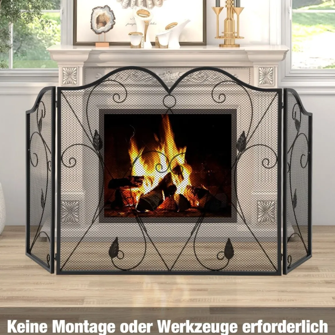 3-Panel-Kaminschirm faltbarer Funkenschutz aus Schmiedeeisengeflecht dekorative Kaminabdeckung Schwarz