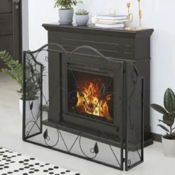 3-Panel-Kaminschirm faltbarer Funkenschutz aus Schmiedeeisengeflecht dekorative Kaminabdeckung Schwarz