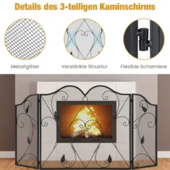 3-Panel-Kaminschirm faltbarer Funkenschutz aus Schmiedeeisengeflecht dekorative Kaminabdeckung Schwarz
