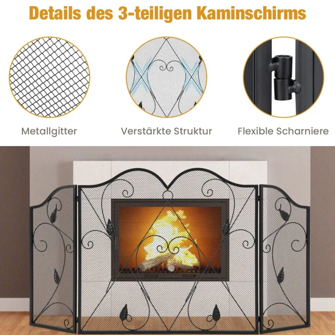 3-Panel-Kaminschirm faltbarer Funkenschutz aus Schmiedeeisengeflecht dekorative Kaminabdeckung Schwarz