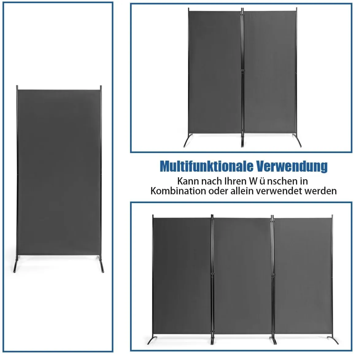 3-Panel Raumteiler Faltbarer Stoffsichtschutz 260 x 183 cm Grau