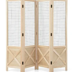 Paravent 151 x 144 cm Raumteiler klappbar 4 teilige Trennwand Holzrahmen Natur