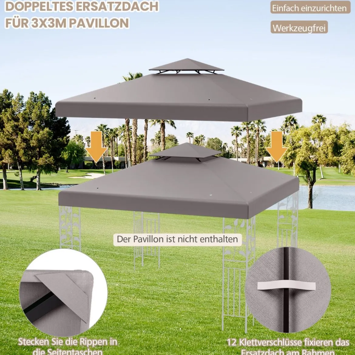 Pavillondach Ersatzdach Pavillonplane Dachabzug Kaminabzug für Pavillon 3 x 3 M