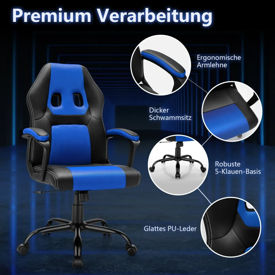 PC Gaming-Stuhl Ergonomischer Computerstuhl mit Rückenlehne Blau