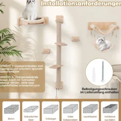 5 PCS Kletterwand Katzen Kratzbaum mit Plattformen Jute-Kratzstangen Katzenbett 2 Hängematten Katzenmöbel Natur