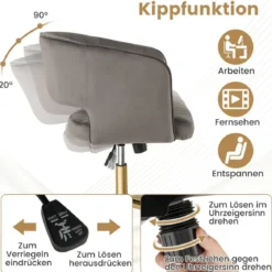 PC-Stuhl aus Samt moderner Drehstuhl mit gepolsterter Rückenlehne verstellbarer Rückenlehnenwinkel Sitzbreite 52cm Grau