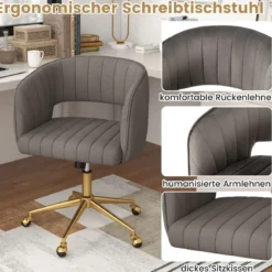 PC-Stuhl aus Samt moderner Drehstuhl mit gepolsterter Rückenlehne verstellbarer Rückenlehnenwinkel Sitzbreite 52cm Grau