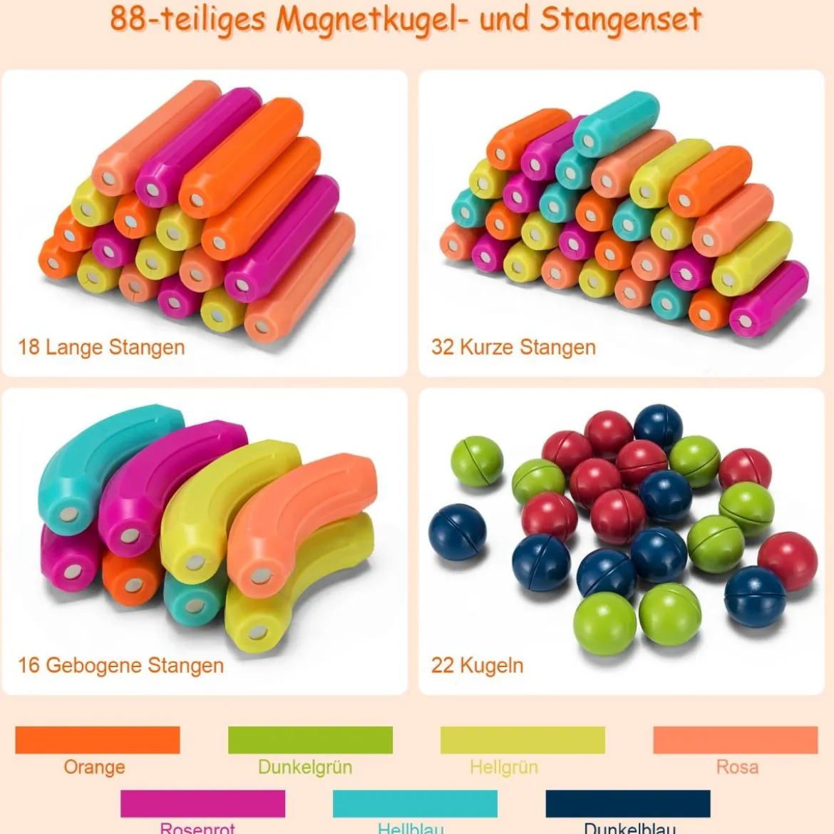 88 pädagogischer magnetischer Baukasten aus hochwertigem ABS geeignet für Kinder Bunt