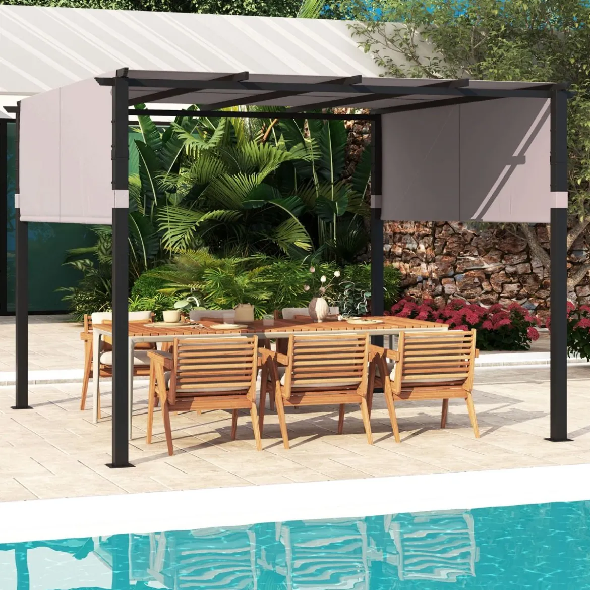 Pergola mit 2 verstellbaren Dächern 3,05x3,05m Pavillon wasserdicht stabil Winterfest Grau