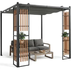 Pergola Outdoor Pavillon Gartenpavillon mit 4 Paravents 2 Ablagen Verstellbarem Dach Metallrahmen 8 Heringen