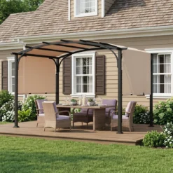 Pergola Pavillon mit Verstellbarem Schiebedach 3 x 2,4 m Gartenpavillon mit Sonnenschutz Beige