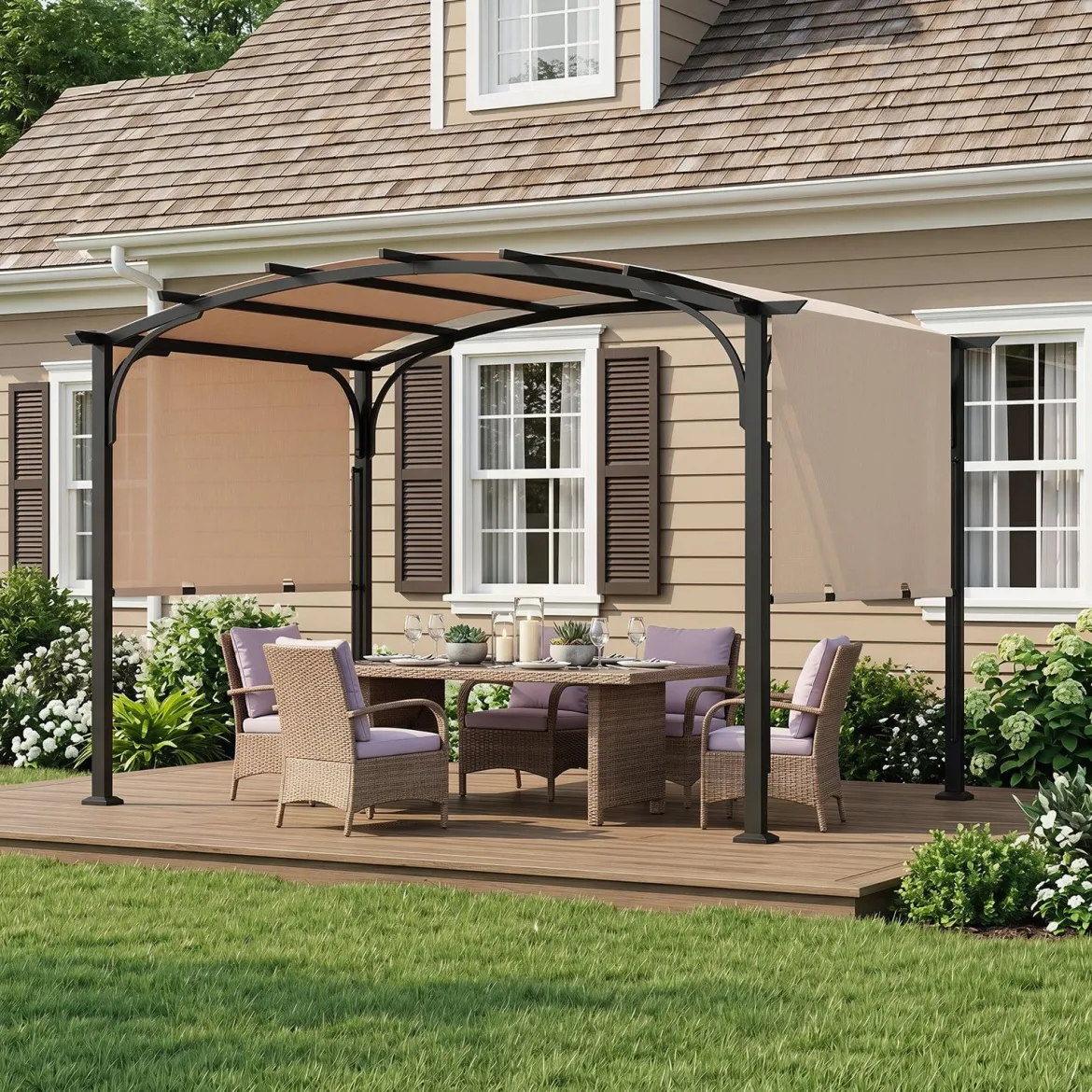 Pergola Pavillon mit Verstellbarem Schiebedach 3 x 2,4 m Gartenpavillon mit Sonnenschutz Beige