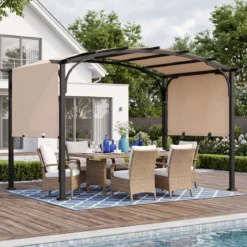 Pergola Pavillon mit Verstellbarem Schiebedach 3 x 2,4 m Gartenpavillon mit Sonnenschutz Beige