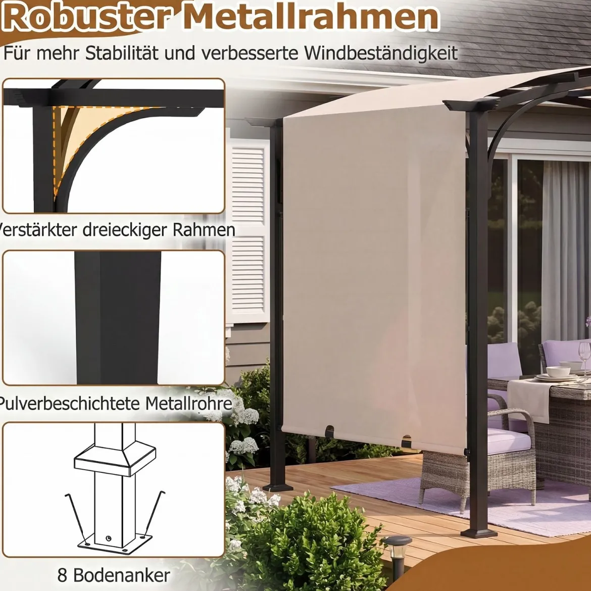 Pergola Pavillon mit Verstellbarem Schiebedach 3 x 2,4 m Gartenpavillon mit Sonnenschutz Beige