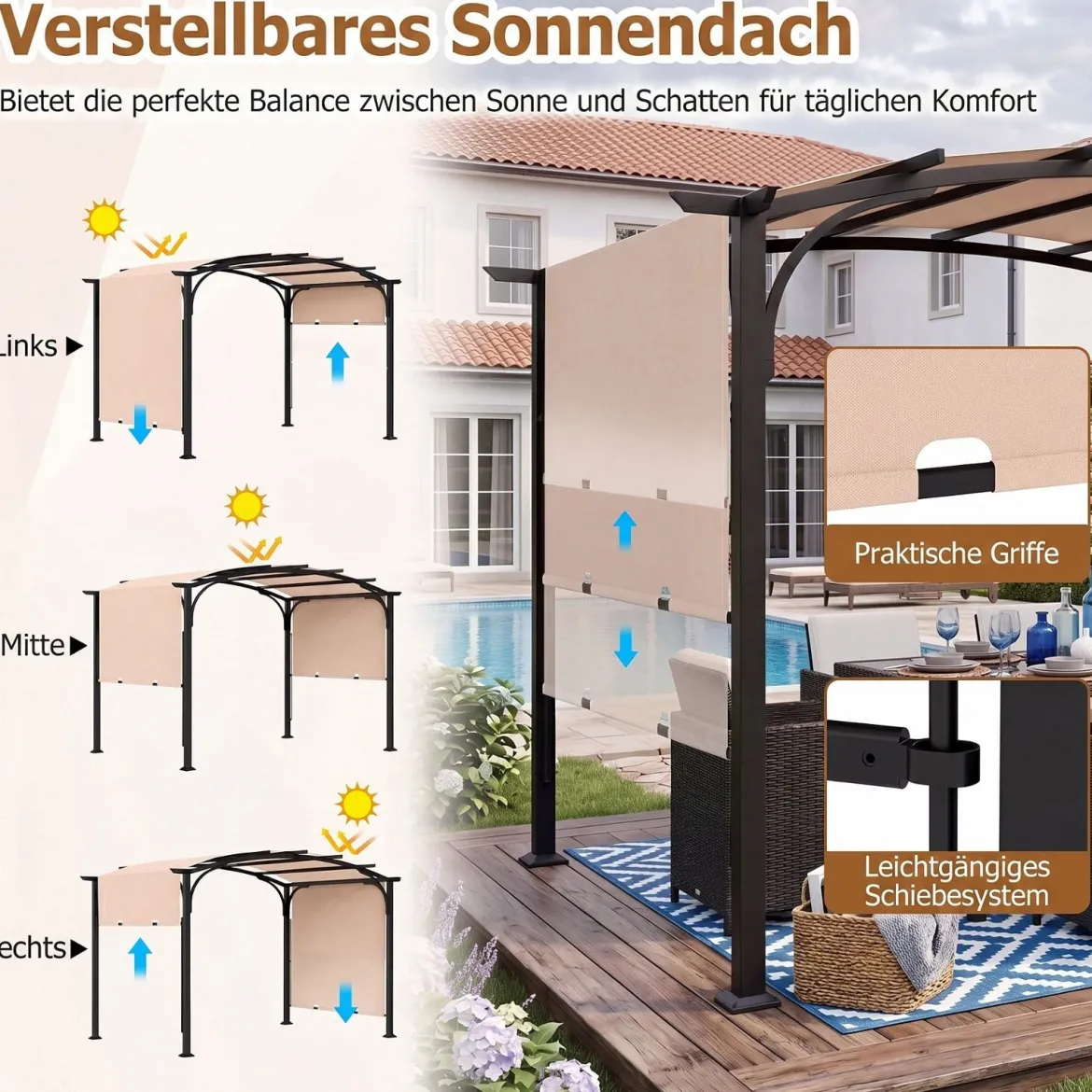 Pergola Pavillon mit Verstellbarem Schiebedach 3 x 2,4 m Gartenpavillon mit Sonnenschutz Beige