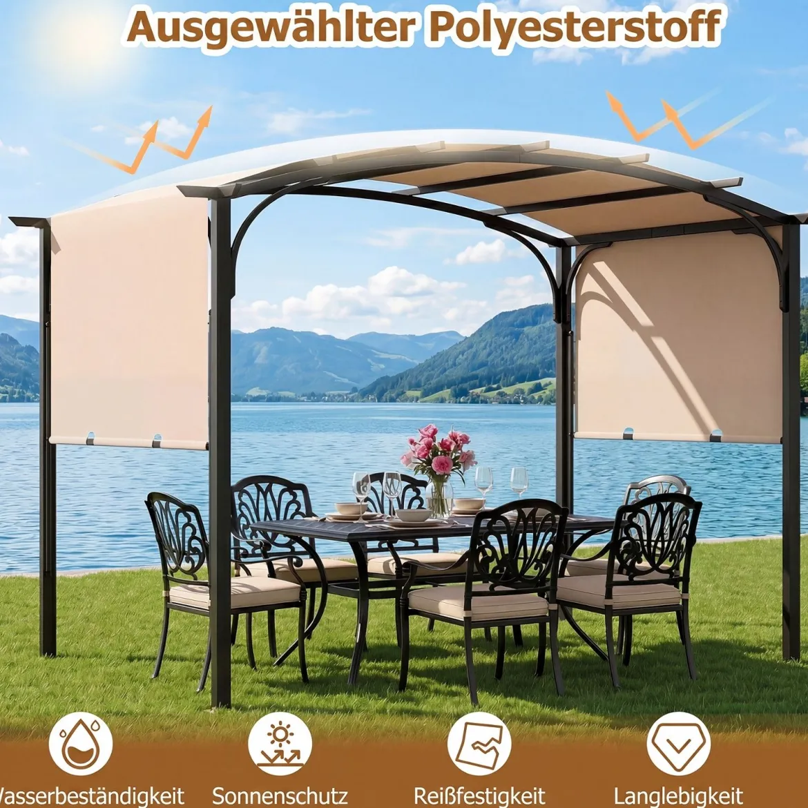 Pergola Pavillon mit Verstellbarem Schiebedach 3 x 2,4 m Gartenpavillon mit Sonnenschutz Beige