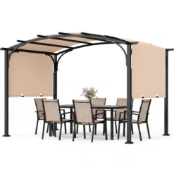 Pergola Pavillon mit Verstellbarem Schiebedach 3 x 2,4 m Gartenpavillon mit Sonnenschutz Beige