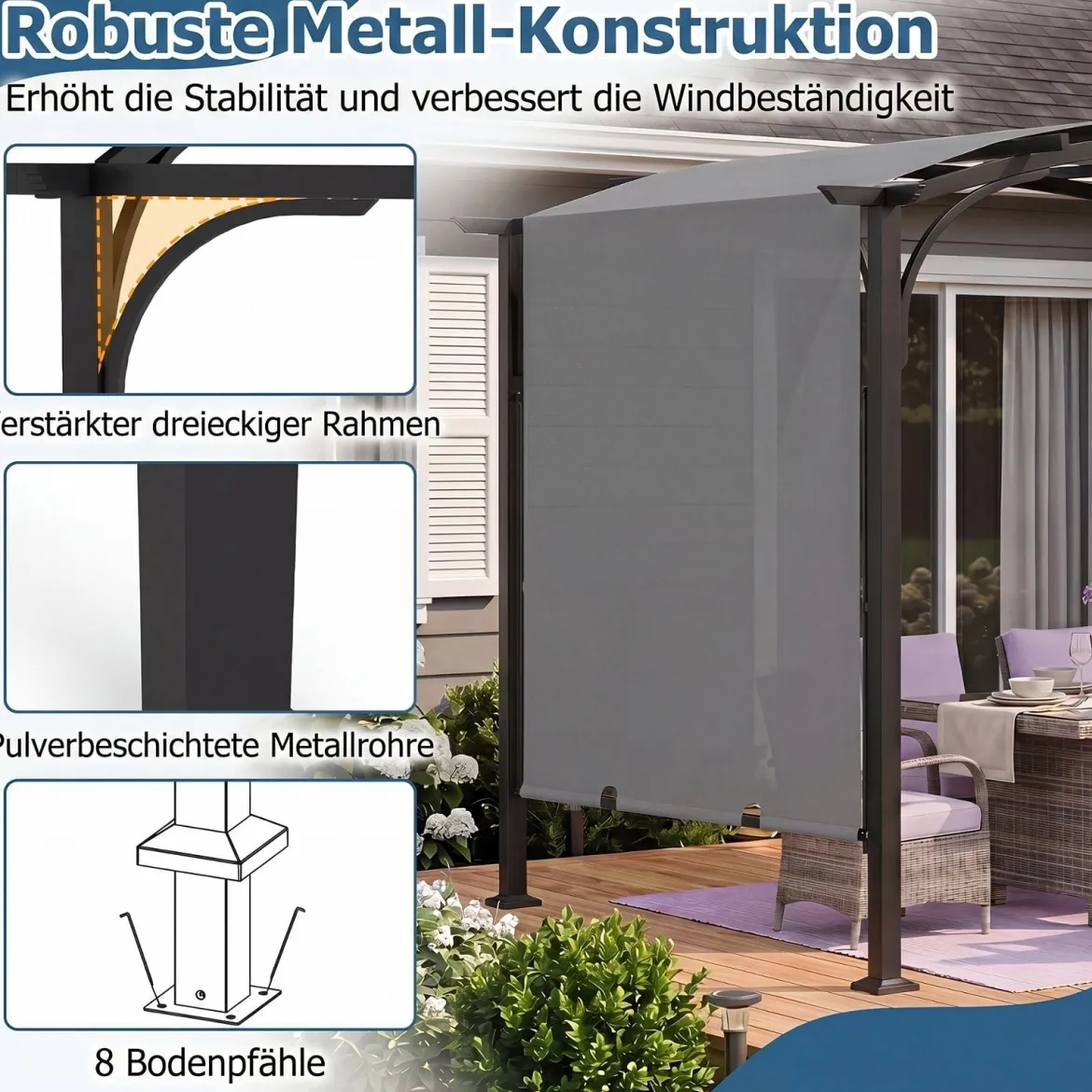 Pergola Pavillon mit Verstellbarem Schiebedach 3 x 2,4 m Gartenpavillon mit Sonnenschutz Grau