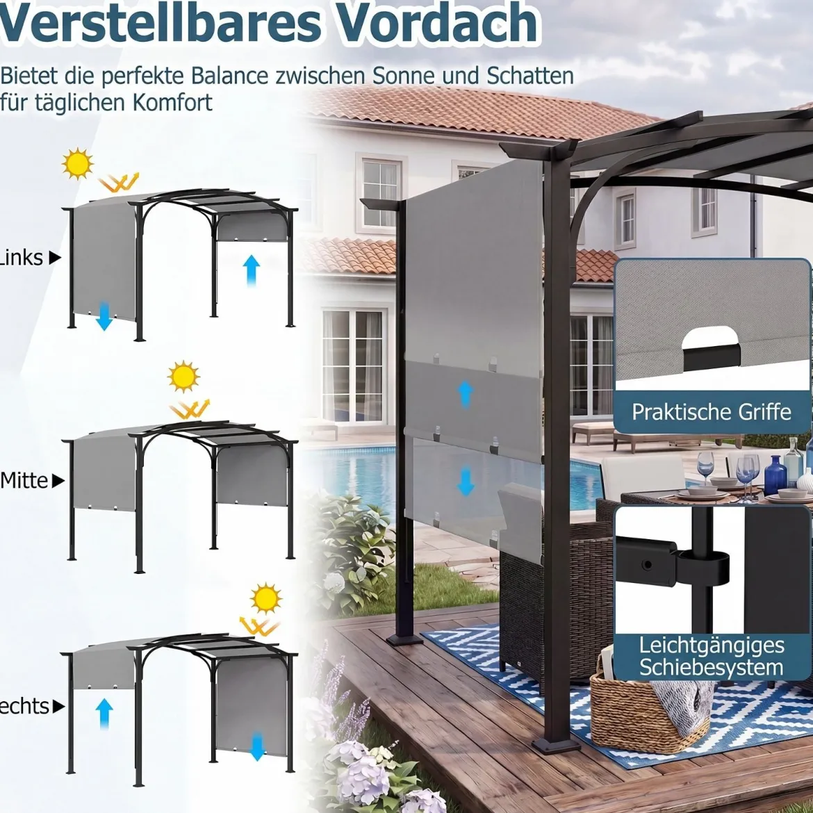 Pergola Pavillon mit Verstellbarem Schiebedach 3 x 2,4 m Gartenpavillon mit Sonnenschutz Grau