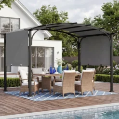 Pergola Pavillon mit Verstellbarem Schiebedach 3 x 2,4 m Gartenpavillon mit Sonnenschutz Grau