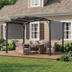 Pergola Pavillon mit Verstellbarem Schiebedach 3 x 2,4 m Gartenpavillon mit Sonnenschutz Grau