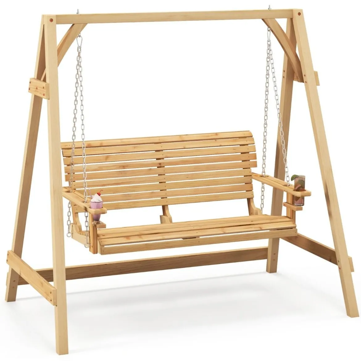 2 Personen Outdoor Schaukelstuhl mit verstellbaren Metallketten eingebauten Becherhaltern und Armlehnen Natur