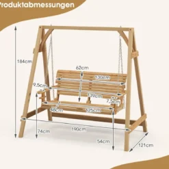 2 Personen Outdoor Schaukelstuhl mit verstellbaren Metallketten eingebauten Becherhaltern und Armlehnen Natur