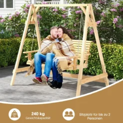 2 Personen Outdoor Schaukelstuhl mit verstellbaren Metallketten eingebauten Becherhaltern und Armlehnen Natur