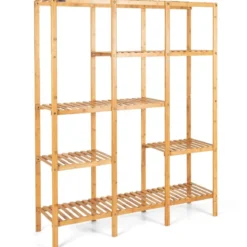 Pflanzenregal Bambus Standregal mit 5 Ebenen Blumentreppe Pflanzenständer mit Hängegestell 114 x 31 x 141 cm Natur