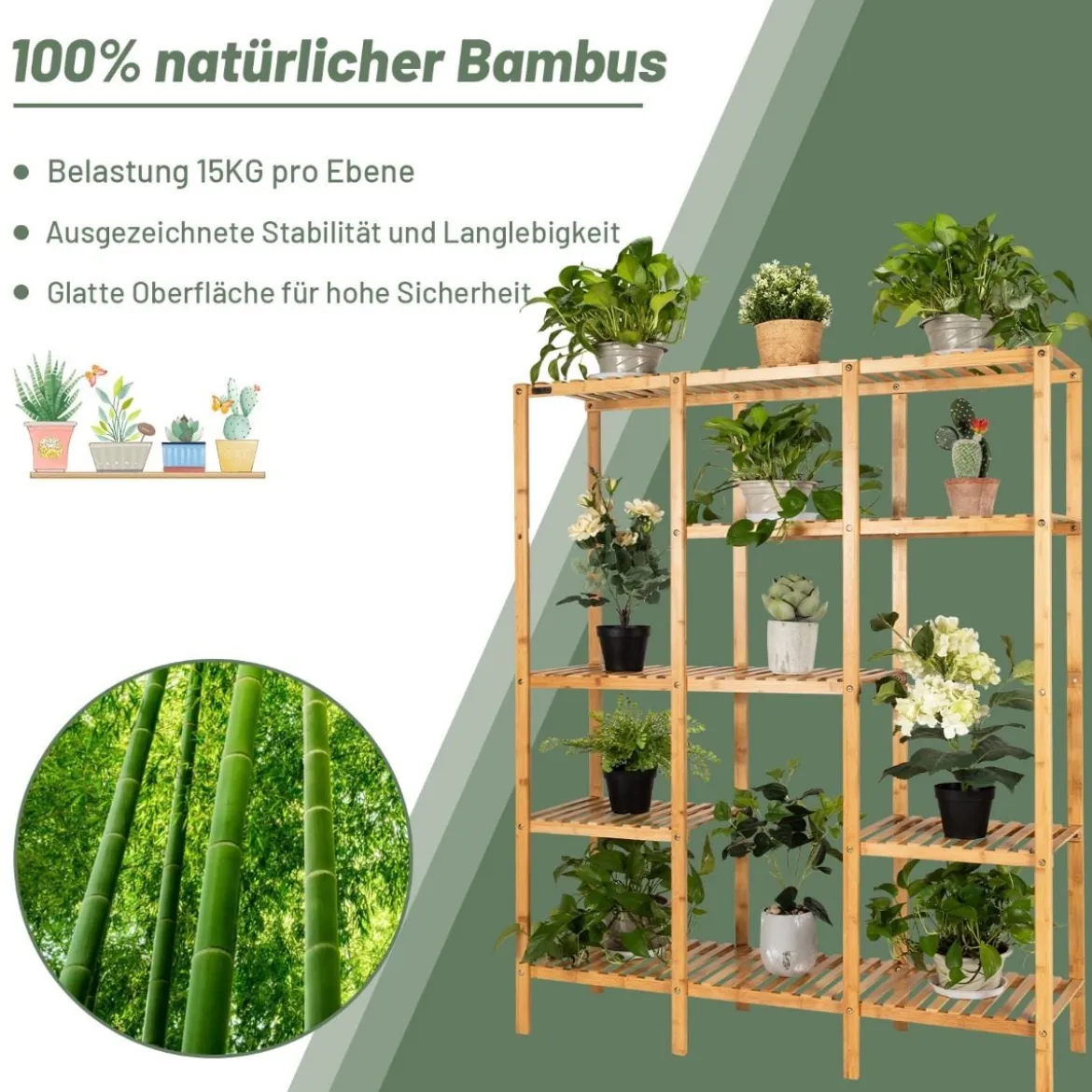 Pflanzenregal Bambus Standregal mit 5 Ebenen Blumentreppe Pflanzenständer mit Hängegestell 114 x 31 x 141 cm Natur