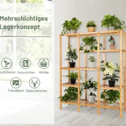 Pflanzenregal Bambus Standregal mit 5 Ebenen Blumentreppe Pflanzenständer mit Hängegestell 114 x 31 x 141 cm Natur