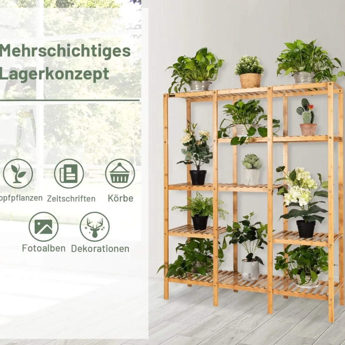 Pflanzenregal Bambus Standregal mit 5 Ebenen Blumentreppe Pflanzenständer mit Hängegestell 114 x 31 x 141 cm Natur
