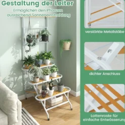 Pflanzenständer mit Rankgitter Metall Blumentreppe auf Rollen Mehrzweckregal 80 x 85 x 175 cm Weiß