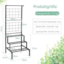 Pflanzenständer 3-Stöckiger Hängender Pflanzenständer Blumenregal 60 x 57 x 157 cm Schwarz